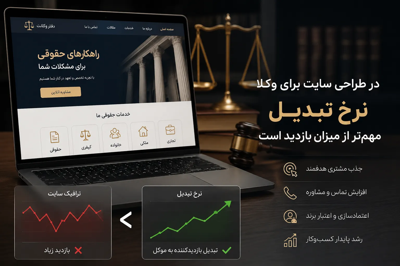 در طراحی سایت برای وکلا، نرخ تبدیل مهم‌تر از میزان بازدید است