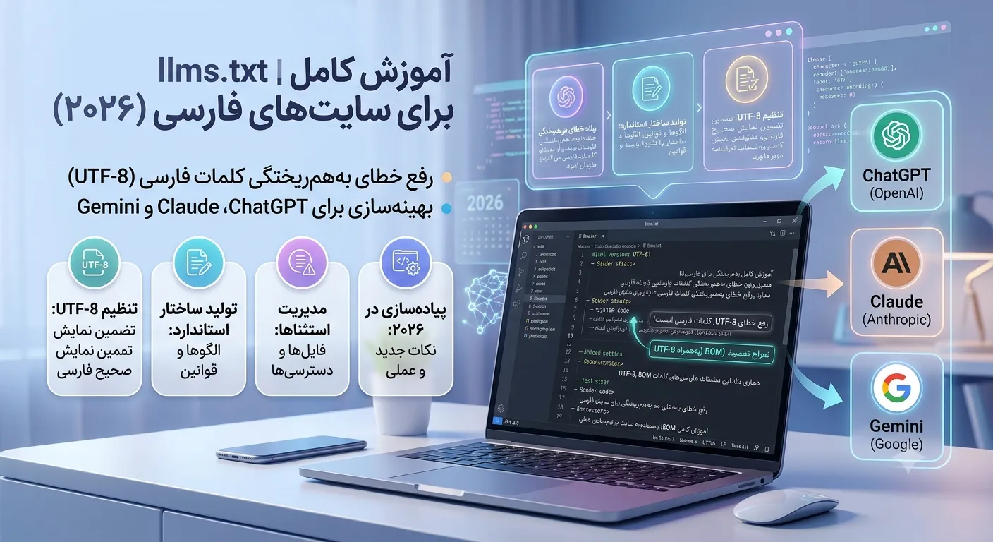 آموزش کامل llms.txt برای سایت فارسی ۲۰۲۶: رفع خطای UTF-8 و بهینه‌سازی برای ChatGPT و Claude و Gemini
